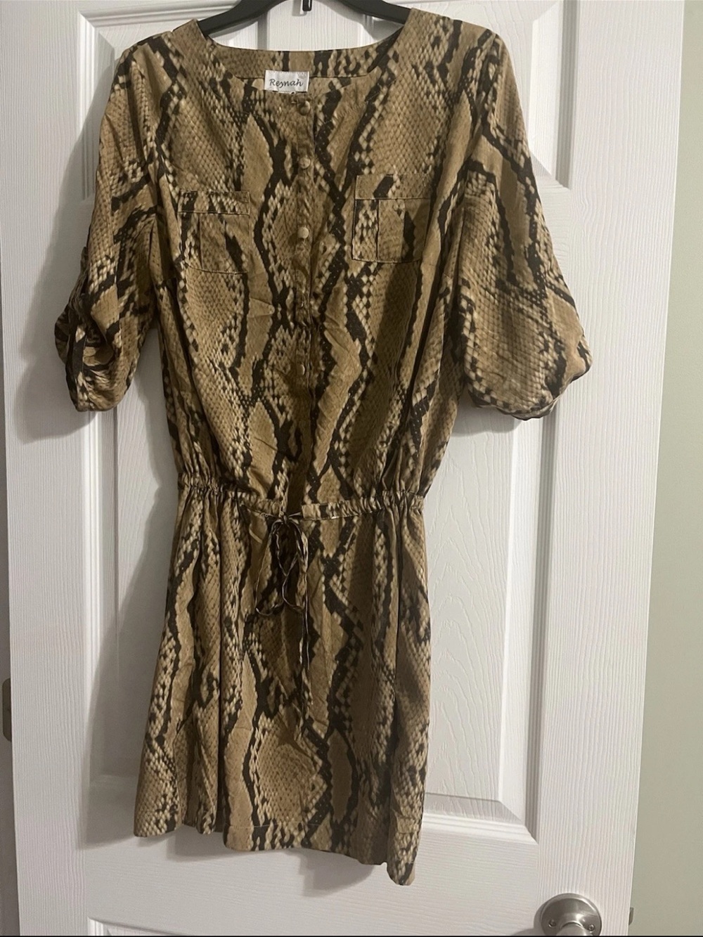 Brown Snake-Print Drawstring Mini Dress